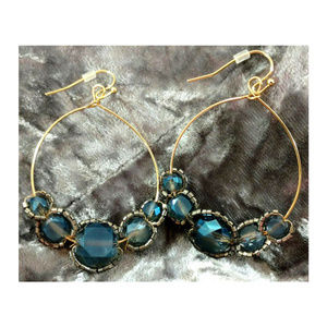 Crystal Bead Earrings Gray Blue Gold Dangle Hoop